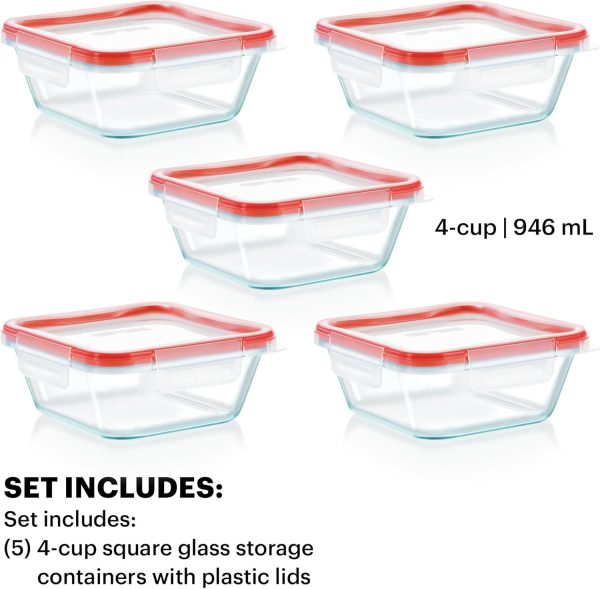 Pyrex Freshlock 5-Pack (4-Cup) Glass Food Storage Containers Set, Airtight & Leakproof Locking Lids, Freezer Dishwasher Microwave Safe - Image 2