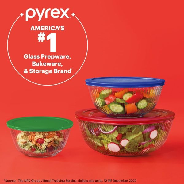 Pyrex Sculpted 3-Pack Glass Mixing Bowls (1.3 QT, 2.3 QT, 4.5 QT) with BPA-Free Lids, Prepping and Baking Food Storage Set, Dishwasher, Microwave and Freezer Safe - Image 5