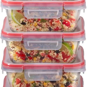 Pyrex Freshlock 5-Pack (4-Cup) Glass Food Storage Containers Set, Airtight & Leakproof Locking Lids, Freezer Dishwasher Microwave Safe