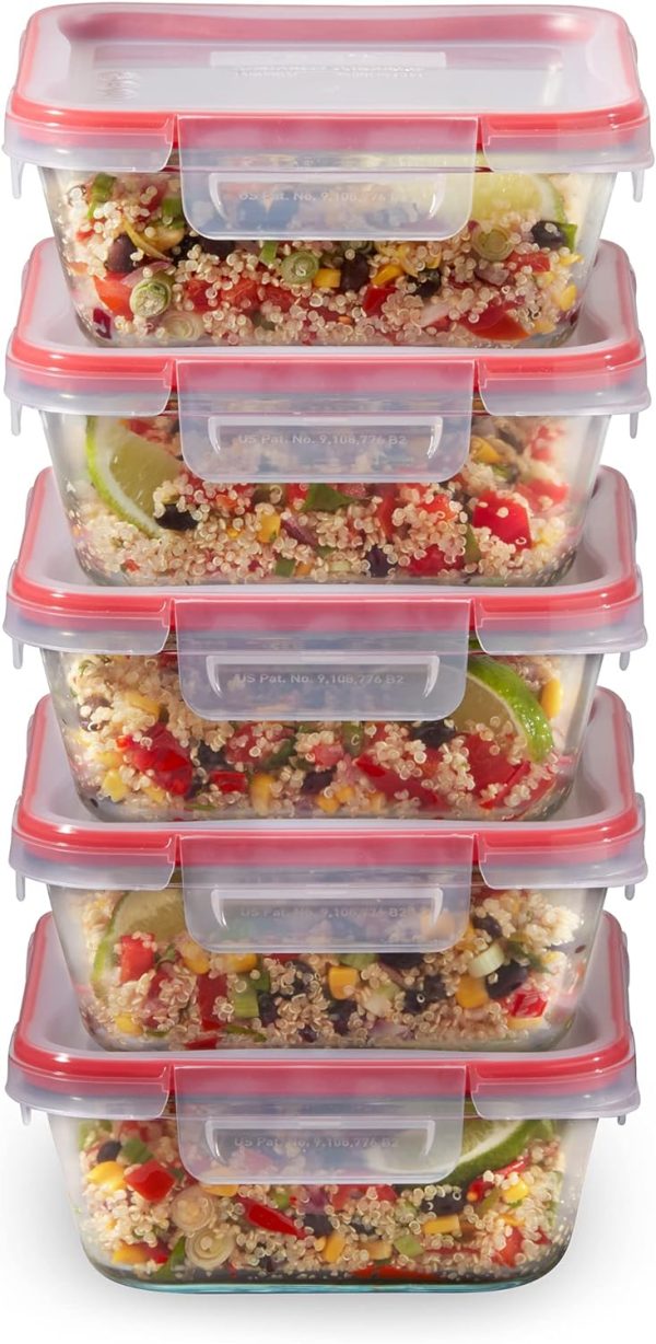 Pyrex Freshlock 5-Pack (4-Cup) Glass Food Storage Containers Set, Airtight & Leakproof Locking Lids, Freezer Dishwasher Microwave Safe