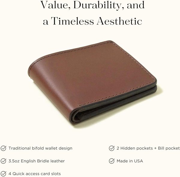 TANNER GOODS Mens Wallet. Mens Leather Wallets. Utility Bifold 4 Card Pocket Wallet, Billfold Slot Cardholder. Made in USA, Cognac Brown - Image 2