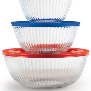 Pyrex Sculpted 3-Pack Glass Mixing Bowls (1.3 QT, 2.3 QT, 4.5 QT) with BPA-Free Lids, Prepping and Baking Food Storage Set, Dishwasher, Microwave and Freezer Safe