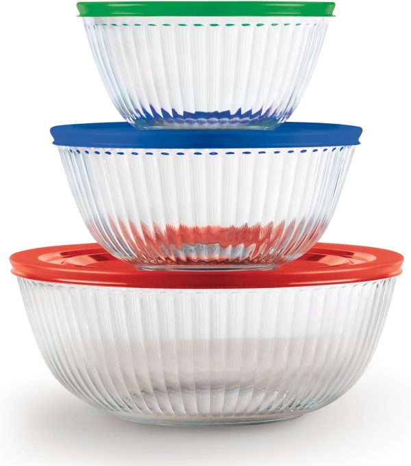 Pyrex Sculpted 3-Pack Glass Mixing Bowls (1.3 QT, 2.3 QT, 4.5 QT) with BPA-Free Lids, Prepping and Baking Food Storage Set, Dishwasher, Microwave and Freezer Safe