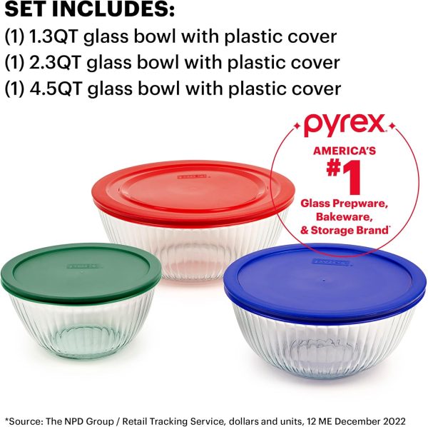 Pyrex Sculpted 3-Pack Glass Mixing Bowls (1.3 QT, 2.3 QT, 4.5 QT) with BPA-Free Lids, Prepping and Baking Food Storage Set, Dishwasher, Microwave and Freezer Safe - Image 2