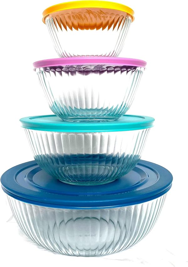 pyrex 100+ Years Glass Mixing Bowls 8-Piece Improved (Limited Edition) - Assorted Colors Lid - Colors May Vary