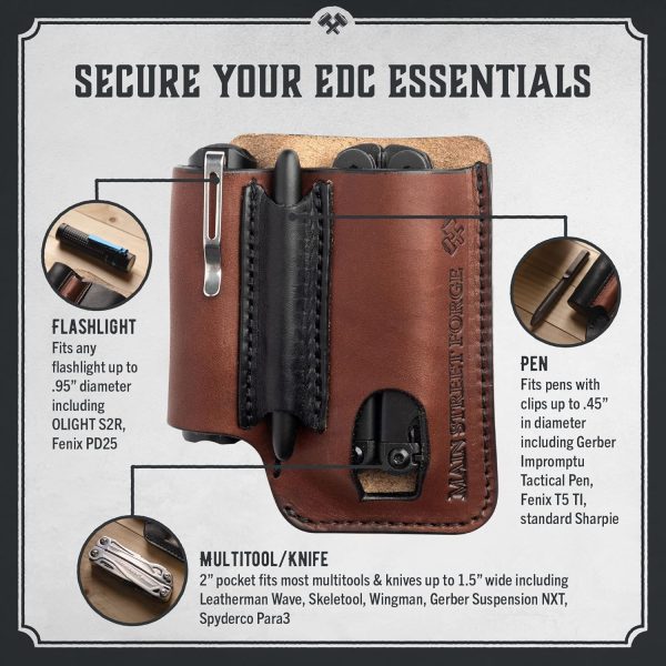 Made in USA Leather EDC Pouch | Leather Multitool Sheath/Holster for Men | Belt Clip/Pocket Organizer for Leatherman, Gerber & SOG Multitools | Knife/Multi Tool & Flashlight & Pen Holder - Image 3