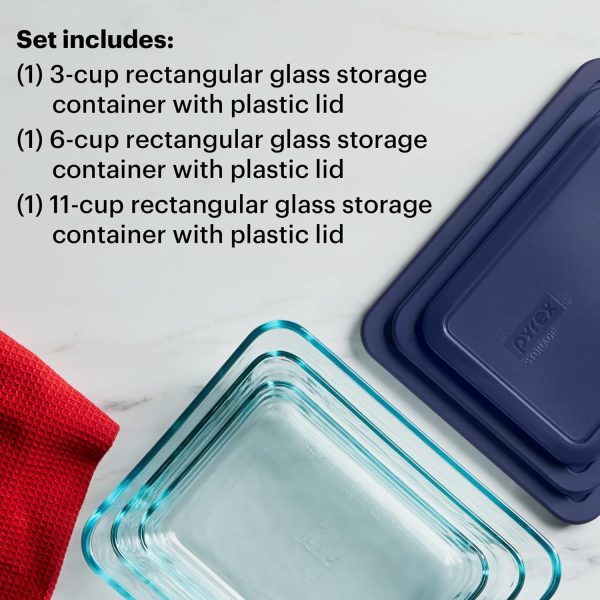 Pyrex Simply Store 3-Pack (3, 6 & 11 Cup) Large Rectangular Glass Food Storage Containers Set, Snug Fit Non-Toxic Plastic BPA-Free Lids, Freezer Dishwasher Microwave Safe - Image 3