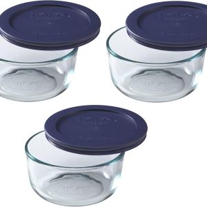 Pyrex Blue Storage Round Dish with Dark Plastic Cover, Clear (2-Cup Pack of 3)