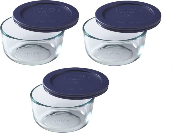 Pyrex Blue Storage Round Dish with Dark Plastic Cover, Clear (2-Cup Pack of 3) - Image 2