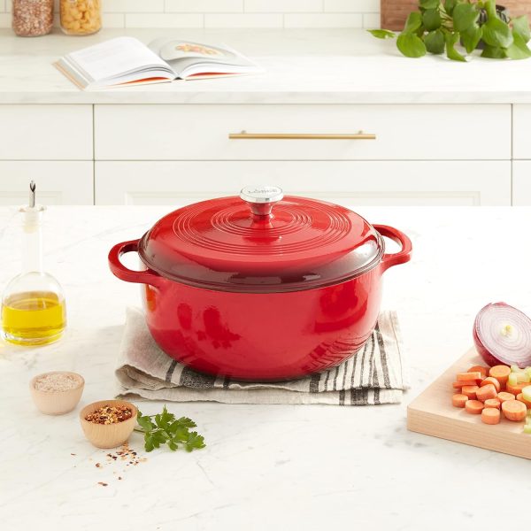 Lodge 7.5 Quart Enameled Cast Iron Dutch Oven with Lid – Dual Handles – Oven Safe up to 500° F or on Stovetop - Use to Marinate, Cook, Bake, Refrigerate and Serve – Island Spice Red - Image 6