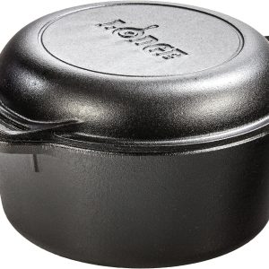 Lodge 5 Quart Pre-Seasoned Cast Iron Double Dutch Oven with Lid - Dual Handles - Lid Doubles as 10.25 Inch Cast Iron Grill Pan - Use in the Oven, on the Stove, on the Grill or over the Campfire - Black