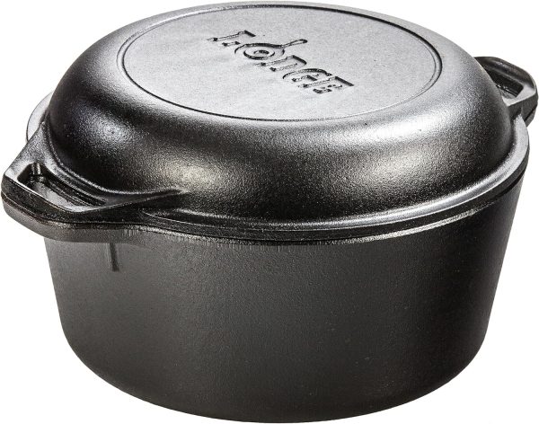 Lodge 5 Quart Pre-Seasoned Cast Iron Double Dutch Oven with Lid - Dual Handles - Lid Doubles as 10.25 Inch Cast Iron Grill Pan - Use in the Oven, on the Stove, on the Grill or over the Campfire - Black