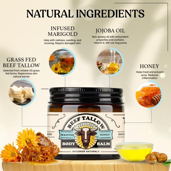Beef Tallow and Honey Balm for Skin - Moisturizer Cream - 100% Grass Fed Whipped Beef Tallow - Herb Infused - Supports Eczema, Rosacea - Made in USA - Unscented - 2 oz - Image 3