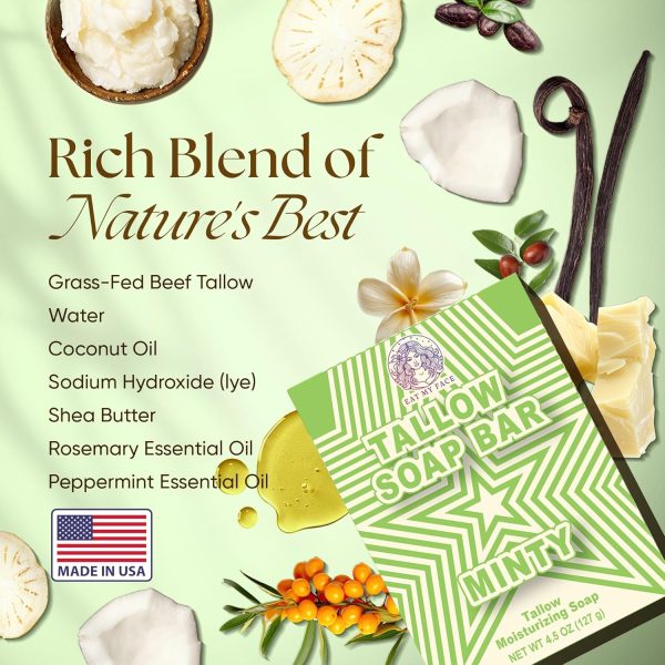 Beef Tallow Soap Bar Grass Fed – Organic Tallow Body Soap for Face & Sensitive Skin – Natural Bar Soap for Men & Women, Moisturizing & Nourishing Cleanser for All Skin Types,In Citrus Minty Scent - Image 3