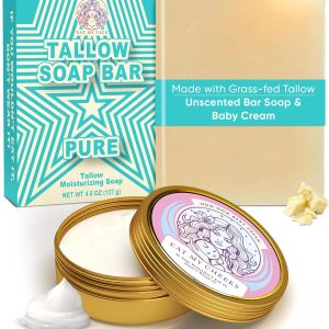 Baby Momma Cream and Natural Tallow Bar Soap Bundle - Grass-Fed Tallow for Babies & Moms - Unscented Moisturizing & Nourishing Handmade, Organic Ingredients for All Skin Types - 4 oz & 4.5 oz