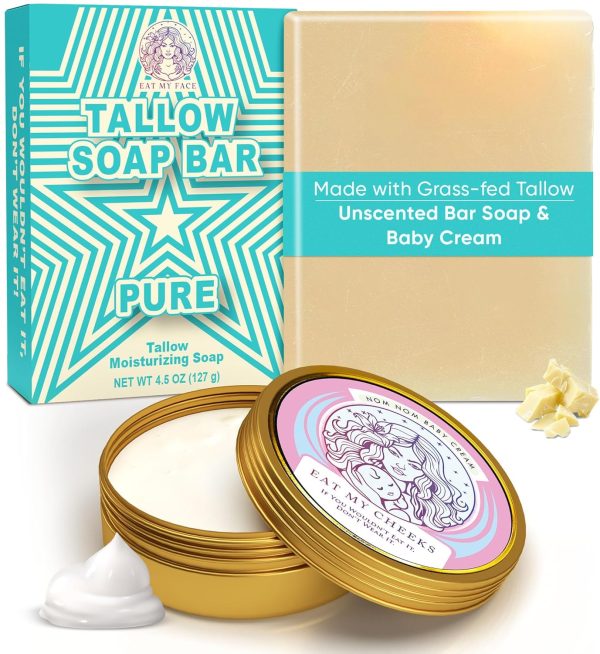 Baby Momma Cream and Natural Tallow Bar Soap Bundle - Grass-Fed Tallow for Babies & Moms - Unscented Moisturizing & Nourishing Handmade, Organic Ingredients for All Skin Types - 4 oz & 4.5 oz