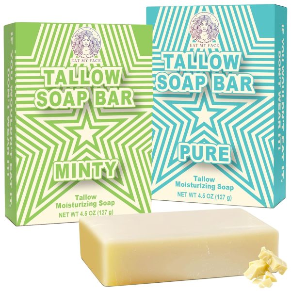 Eat My Face Natural Tallow Bar Soap Bundle - Moisturizing & Nourishing, Handmade with Grass-Fed Tallow, Organic Ingredients Safe for All Skin Types - Unscented & Mint and Rosemary Scent - 4.5 oz